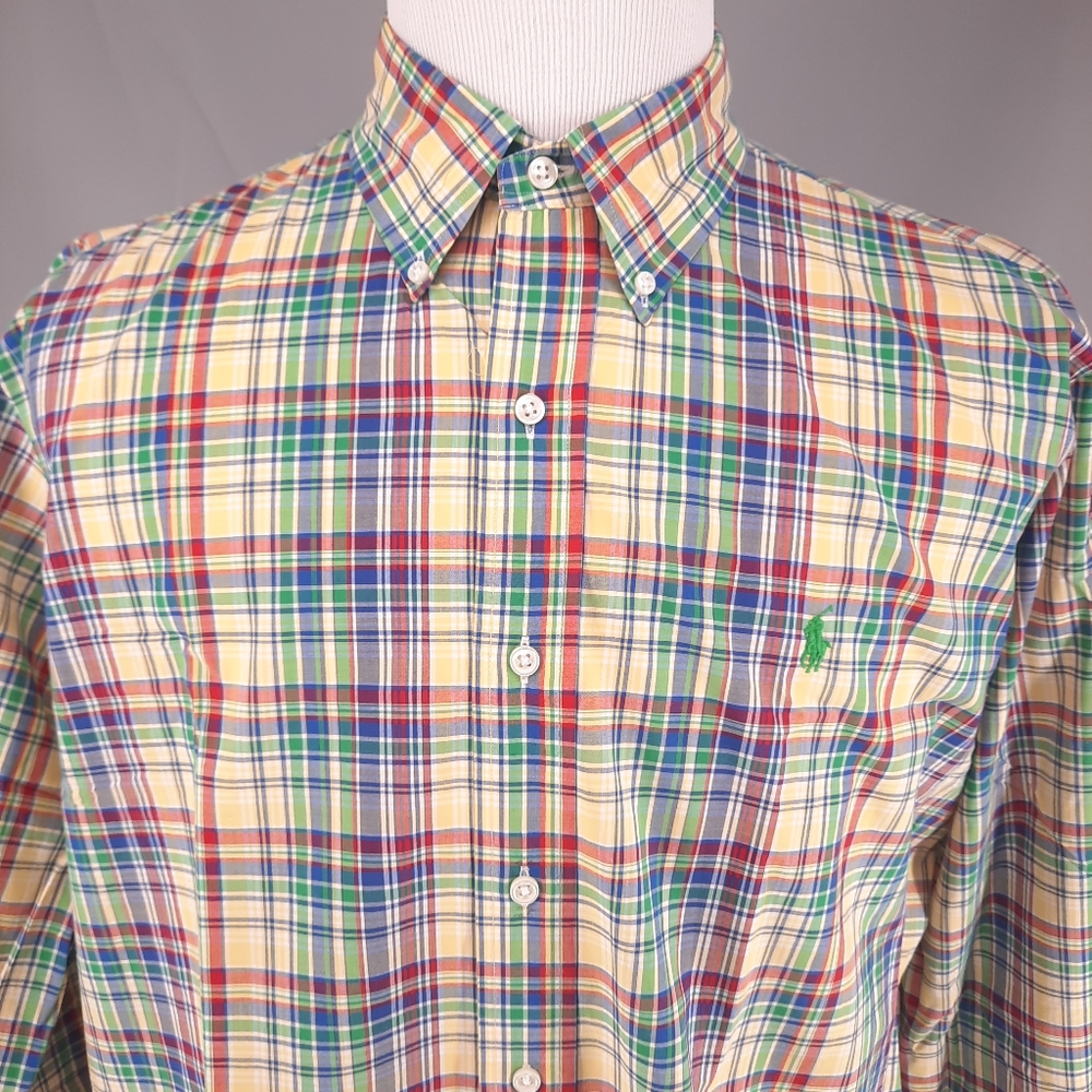Ralph Lauren Plaid Green Pony Shirt Men's Size XL Long Sleeve Custom Fit
